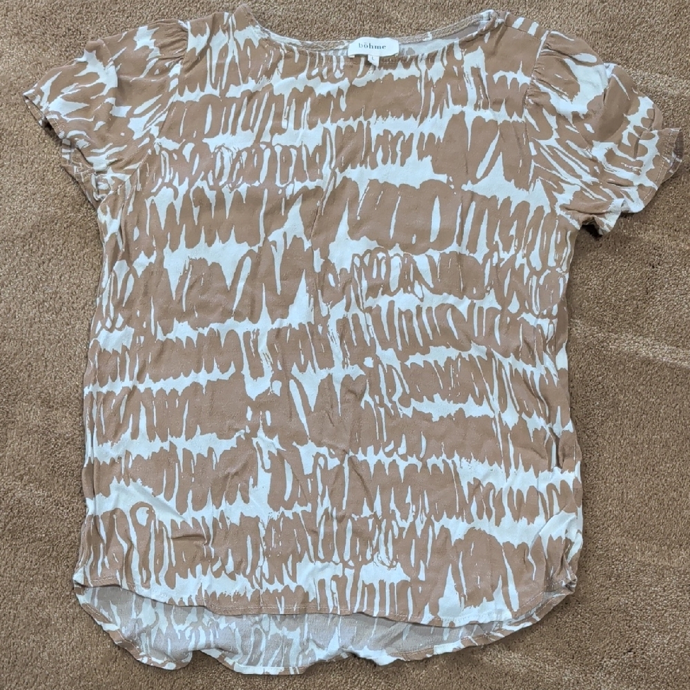 Bohme Tan and White Abstract Short Sleeve Top
